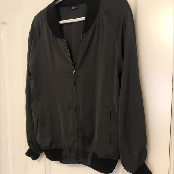 Black satin look bomber , silver zipper, size large, fits like medium - Picture 2 of 6